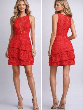BCBGMaxAzria Red Lace Tiered Mini Dress